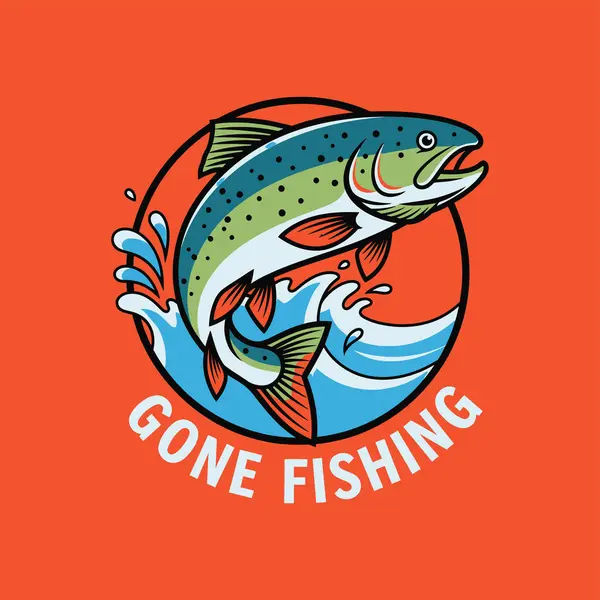 Canlı turuncu bir arka planda yeşil, mavi ve turuncu renklerle betimlenmiş mavi sulardan bir alabalık sıçrıyor..