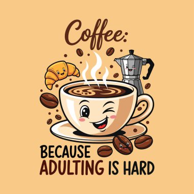 Kırpılmış yüzlü bir çizgi film kahve fincanı, bir kruvasan ve açık kahverengi arka planda kahve çekirdekleri ile çevrili bir moka demliği..