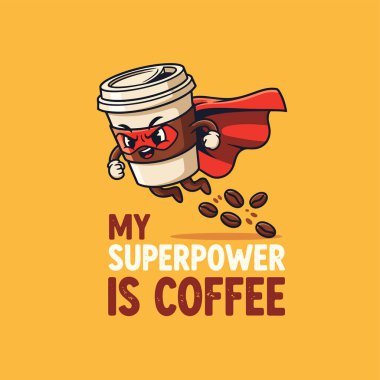 Süper kahraman maskeli bir kahve fincanı ve arkasında kahve çekirdekleri olan bir pelerin..