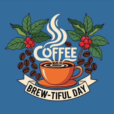 Buharı tüten bir turuncu kahve fincanı kahve çekirdekleri ve yeşil yapraklı kırmızı kahve meyveleriyle mavi arka planda oturur..