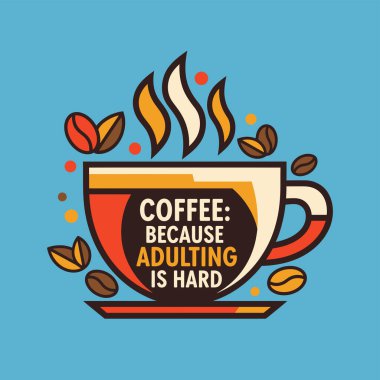 Kahve çekirdekleri ve noktalarıyla çevrili, açık mavi arka planda yükselen buharlı stilize bir kahve fincanı..