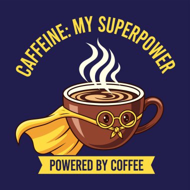 Sarı süper kahraman pelerinli, gözlüklü, mavi arka planda buhar yayan bir çizgi film kahve fincanı..