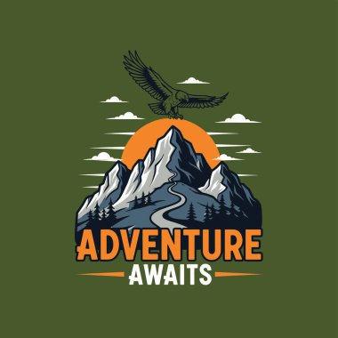 Bir kartal sarmal bir patika ve arkalarında batan bir güneş ile sivri dağların üzerinde süzülür..