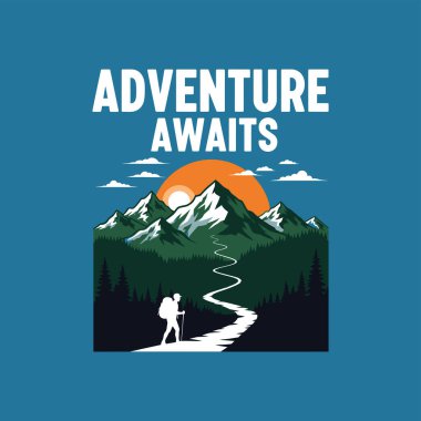 Sırt çantası ve yürüyüş direği olan bir yürüyüşçünün beyaz silueti dolambaçlı beyaz bir yolda koyu yeşil bir ormanın içinden parlak turuncu bir gün batımının altındaki dağlara doğru yürür..