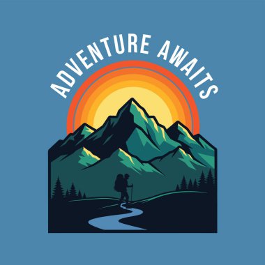 Sırt çantalı ve bastonlu bir yürüyüşçünün renkli bir günbatımına doğru giden dağların arasından geçen bir patikanın stilize bir çizimi..