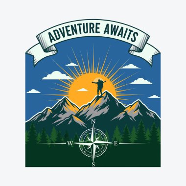 Kolları açık bir yürüyüşçünün silueti canlı bir güneş patlamasına ve mavi gökyüzüne karşı bir dağın tepesinde duruyor..