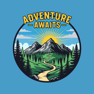 Dairesel bir illüstrasyon, mavi gökyüzünün altındaki güneşli tepelere uzanan dolambaçlı bir yolu olan bir dağ manzarasını tasvir eder..