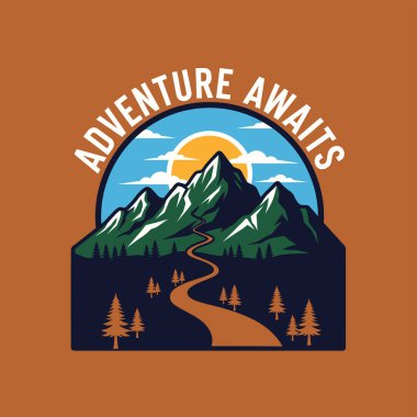 Güneşli bir gökyüzünün altındaki çam ağaçlarının arasından geçen dolambaçlı bir patika çizimi..