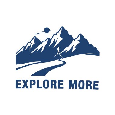 Turkuaz bir arka planda, güneşin altında mor dağlara doğru dolambaçlı bir yolda yürüyen bir insanın grafiksel çizimi..