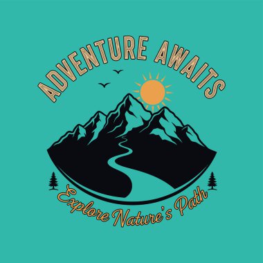 Dolambaçlı bir yolu olan dağların, güneşin ve kuşların serüvenle ilgili metinleri içeren grafiksel bir çizimi..