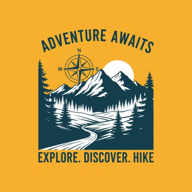 Çam ağaçları ve güneşin ve pusulanın altında dolambaçlı bir yol olan bir dağ sırasının grafiksel bir çizimi.