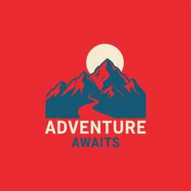 Yuvarlak bir yolu olan stilize bir dağ sırası ve tepelerin arkasında kırmızı bir arkaplan üzerinde bir güneş..