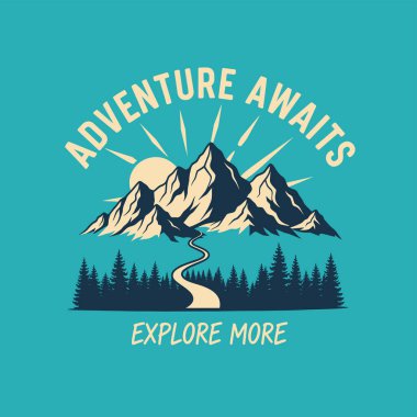 Güneşin altında, ormanın içinden geçen dolambaçlı bir yolu olan dağların stilize edilmiş bir çizimi..