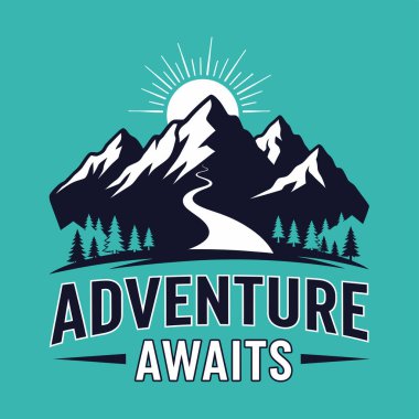 Beyaz kar aksanlı koyu mavi dağların, parlak bir güneşin altında, kıvrımlı bir yol ve çam ağaçlarının yer aldığı, aşağıda yazılı metinlerin yer aldığı grafiksel bir tasviri..