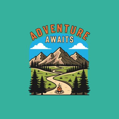 Tarzlı bir illüstrasyon, ormanın içinden kamp ateşine giden dolambaçlı bir yolu olan bir dağ silsilesini tasvir eder..