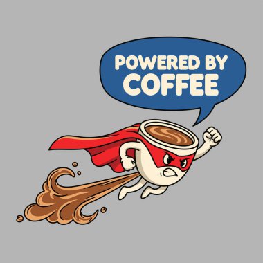 Kırmızı pelerinli bir süper kahraman gibi giyinmiş bir kahve fincanı havada uçuşuyor ve arkasında kahve izi bırakıyor..