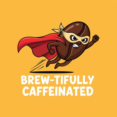 Kırmızı pelerinli ve maskeli bir kahve çekirdeği sarı arka planda kahramanca uçar..