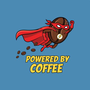 Kırmızı pelerinli ve maskeli bir süper kahraman gibi giyinmiş kahve çekirdeği. Arkasında yıldırım amblemi ve kahve çekirdekleri olan sinekler..