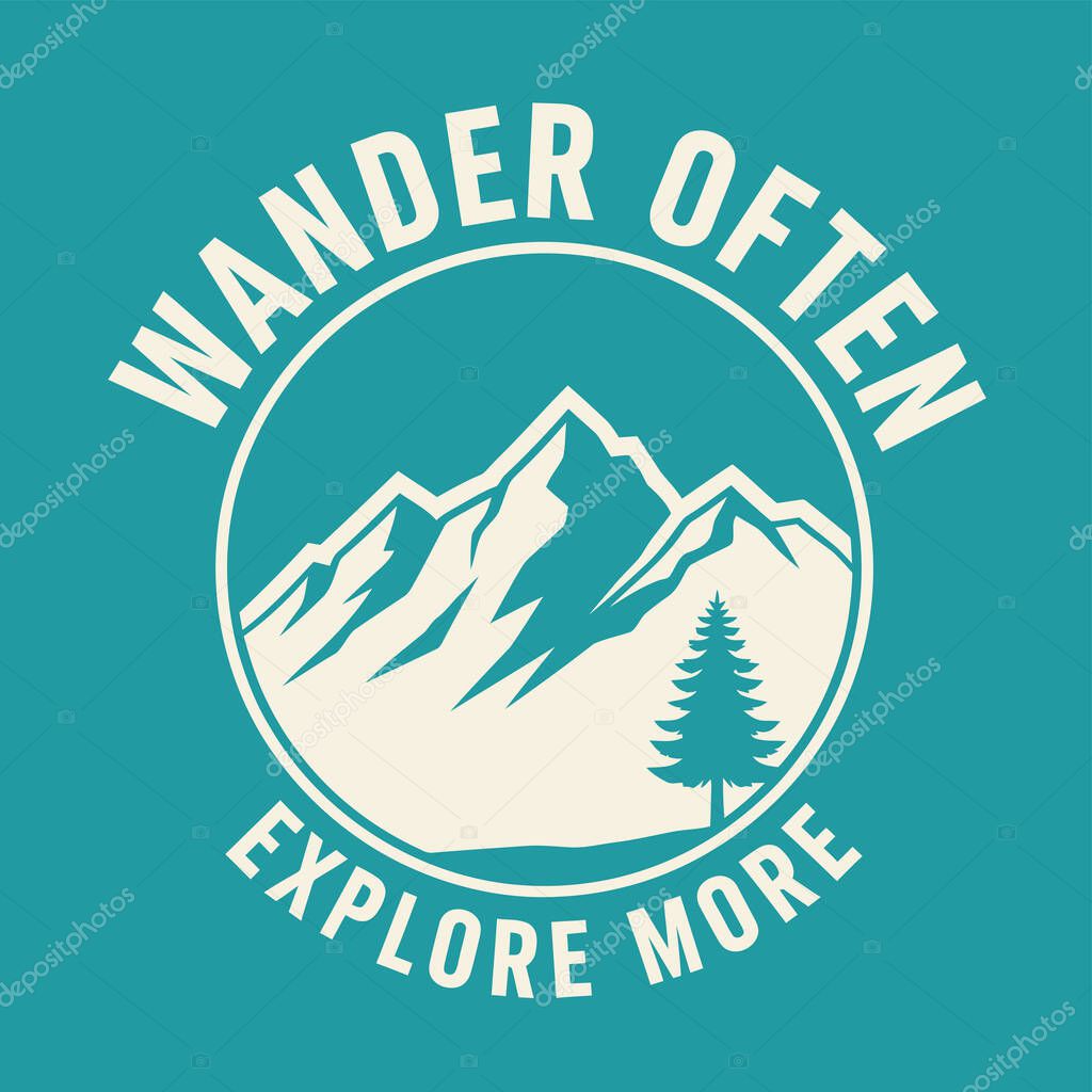 A circular emblem features stylized mountains and a pine tree with text above and below.