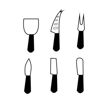 Cheese Knives and Tools Vector Set: Campana bıçakları, açık bıçaklar, peynir çatalları, coure bıçakları, uçak bıçakları ve yayıcı bıçaklar da dahil olmak üzere çeşitli peynir bıçakları ve aletleri içeren bir vektör koleksiyonu.