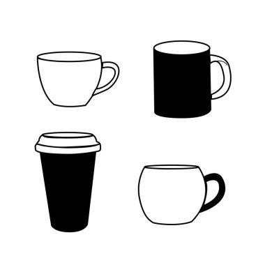Dört Kupa ve Kupa Vektör Koleksiyonu (124; Çeşitli stillerde dört fincan ve kupa içeren bir vektör koleksiyonu, kahve, çay ve içecekle ilgili tasarımlar için mükemmel.
