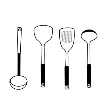 Mutfak aletlerinden oluşan tam bir vektör çeşitliliği, kepçe, katı çevirici, yuvalı çevirici, ve tüm yemek ihtiyaçlarınız için çorba kepçesi..