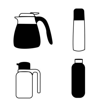 Dört termos şişesi içeren bir vektör seti. İçecekleri sıcak ya da soğuk tutmak için mükemmel..