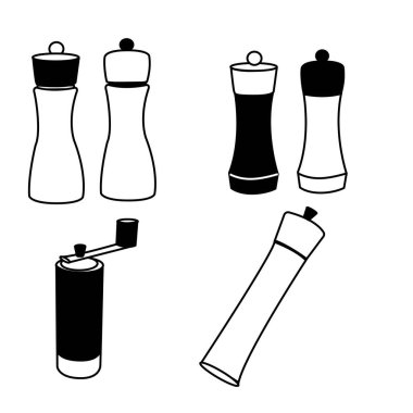 Altı tane biber değirmeninden oluşan bir vektör koleksiyonu. Mutfak tasarımlarına lezzet ve baharat katmak için mükemmel..