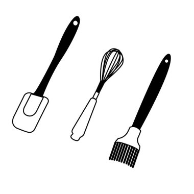 Hamur fırçası, bahar aşçısı spatulası ve tüm pişirme ihtiyaçlarınız için çırpma fırçası da dahil olmak üzere gerekli pişirme aletlerini içeren bir vektör seti..