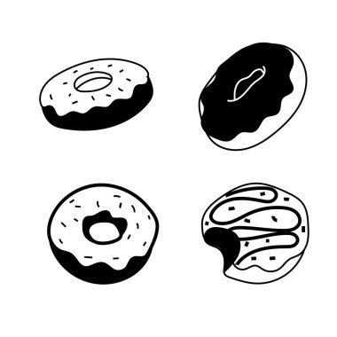 Lezzetli Donut Set Vektör Grafiği - Canlı bir vektör illüstrasyonunda sergilenen bu dört lezzetli çöreğin cazibesine kapıl. Yemek temalı tasarımlar ve kutlamalar için mükemmel..