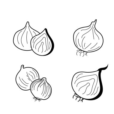 Bu siyah ve beyaz vektör çizgisindeki soğanların yemek pişirme özünü araştırın. Mutfak tasarımları için ideal olan bu tek renkli çizim, bu mutfak zımbalarının basitliğini ve çok yönlülüğünü yansıtıyor..