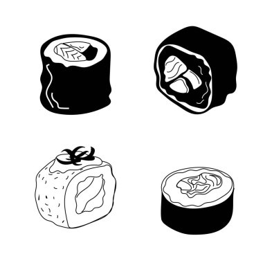 Maki Suşi Vektör Hattı Dörtlüsü - Tek Renkli Japon Mutfağı