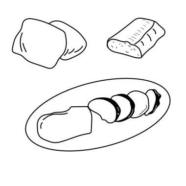 Ciabatta ekmekleri bu siyah vektör doğrusuyla. Mutfak tasarımları için ideal olan bu tek renkli çizim, bu İtalyan lezzetinin sanatsal ve kırsal çekiciliğini yakalar..