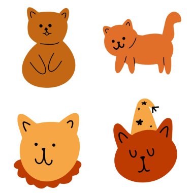 Çekici Kedi Koleksiyonu: Oturan, Ayakta Duran ve Gülümseyen Çizimler - Turuncu ve Kahverengi Tonlar