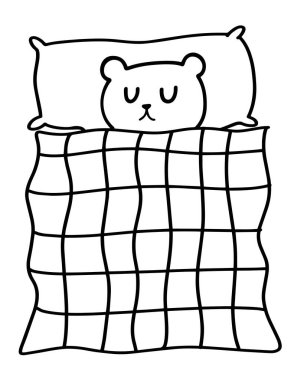 Şirin Çizgi Film Ayısı Battaniye Vektörüyle Uyuyor, Minimalist Çizgi Sanat Tasarımı