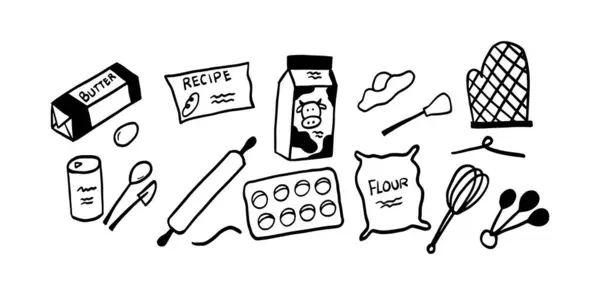 Pişirme Doodle Kümesi (124; Minimalist İki Renkli Siyah & Beyaz Vektör İllüstrasyonu