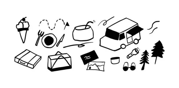 Seyahat, Tatil ve Kamp Doodle Set (124; Minimalist Siyah & Beyaz Vektör İllüstrasyonu)