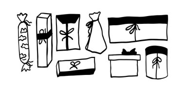 Hediye Kutusu Dekoru Seti (124; Minimalist İki Renkli Siyah & Beyaz Vektör İllüstrasyonu