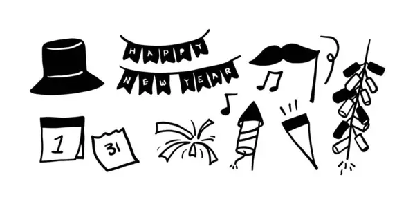Yeni Yıl Minimalist Doodle Set (124; İki Renkli Siyah & Beyaz Vektör İllüstrasyonu)