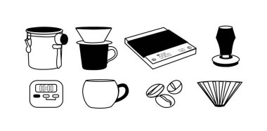 Kahve seti illüstrasyonu: 124; Kafe ve Kahve Temalı Tasarımlar için Minimalist Doodle Vektörü
