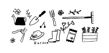Bahçe Seti İllüstrasyonu: 124; Doğa ve Bahçe Tasarımı İçin Minimalist Doodle Vektörü