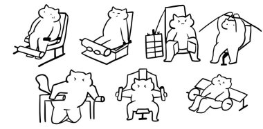 Cat X Spor Salonu, Spor Salonu, Spor Seti İllüstrasyonu: 124; Egzersiz Temalı Şirin Minimalist Doodle Vektörü