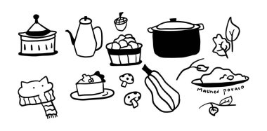 Şükran Günü Çizimleri: 124; Tatil ve Sonbahar Tasarımları için Şirin Minimalist Doodle Vektörü