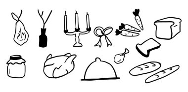 Şükran Günü Çizimleri: 124; Tatil ve Sonbahar Tasarımları için Şirin Minimalist Doodle Vektörü