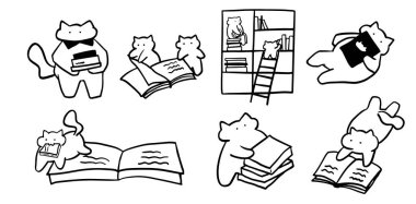 Cat X Book Set İllüstrasyonu: 124; Kitap ve Evcil Hayvan Temalı Tasarımlar İçin Sevimli Minimalist Doodle Vektörü