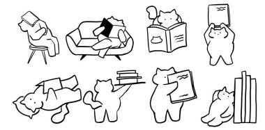 Cat X Book Set İllüstrasyonu: 124; Kitap ve Evcil Hayvan Temalı Tasarımlar İçin Sevimli Minimalist Doodle Vektörü