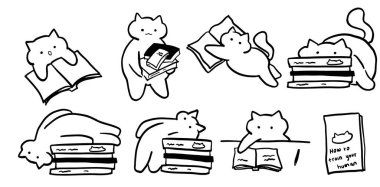 Cat X Book Set İllüstrasyonu: 124; Kitap ve Evcil Hayvan Temalı Tasarımlar İçin Sevimli Minimalist Doodle Vektörü