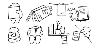 Cat X Book Set İllüstrasyonu: 124; Kitap ve Evcil Hayvan Temalı Tasarımlar İçin Sevimli Minimalist Doodle Vektörü