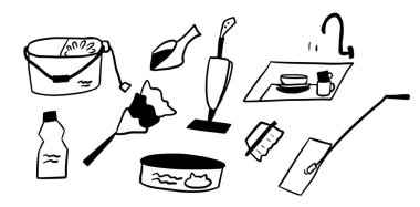 Temizlik Aracı Set İllüstrasyonu: 124; Minimalist Doodle Biçim Vektörü