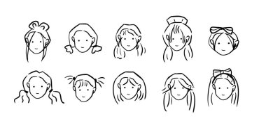 Kız Saç Tarzı Set İllüstrasyonu: 124; Moda ve Güzellik Tasarımları Minimalist Doodle Vektörü